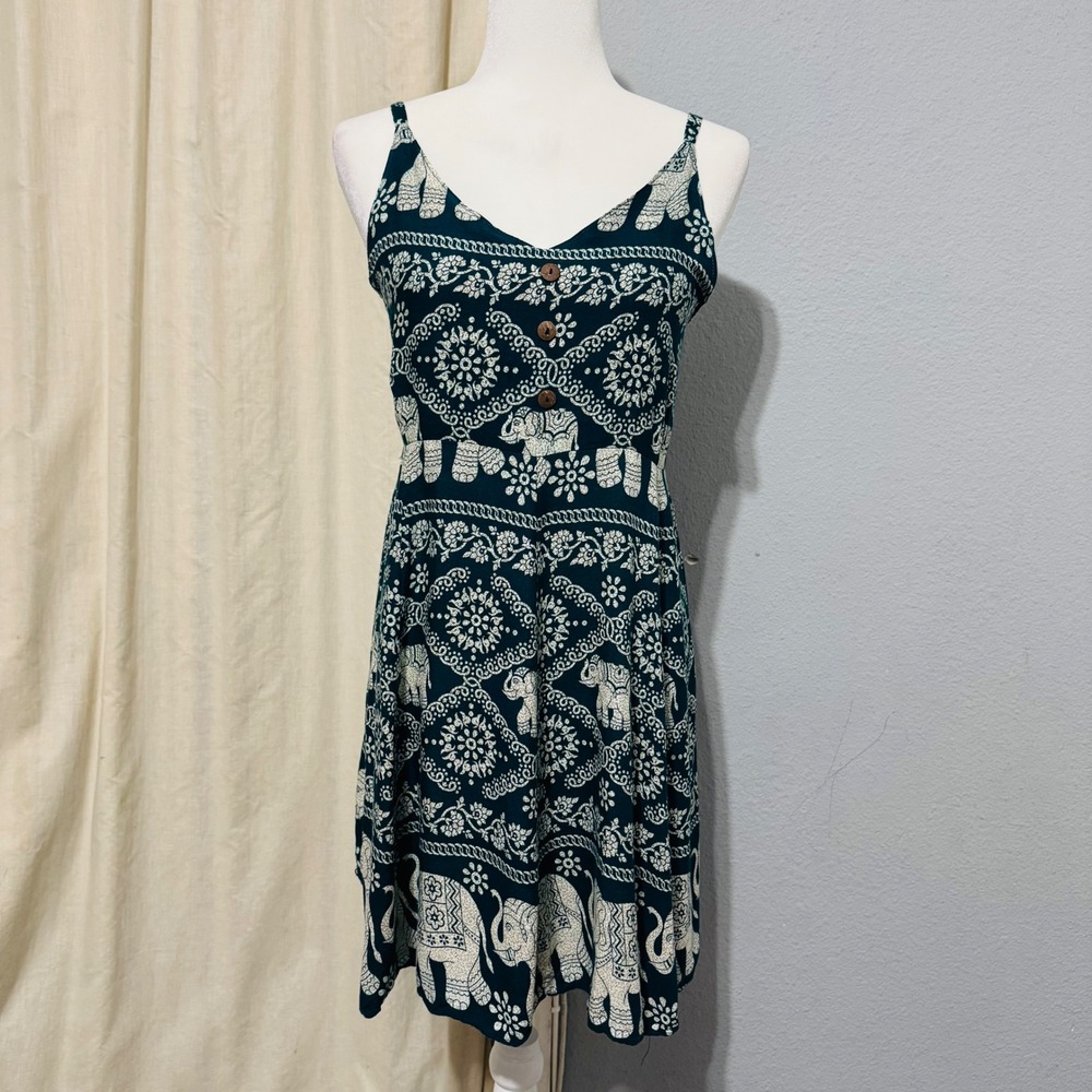 Boho Elephant Print Sundress Dress Size‎ S Teal Cream Smocked Back Mini Thailand